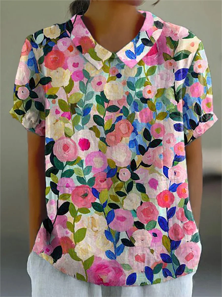 Women's Floral Spring Print Lapel Short Sleeve Shirt, Pink, Blouses