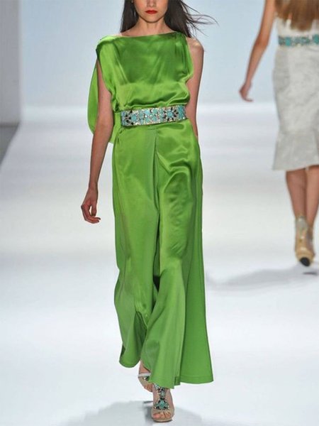 Urban Satin Plain Off The Shoulder Tank Jumpsuit With Belt, Green, Jumpsuits