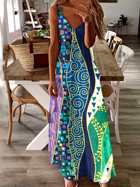 

Women Geometric Spaghetti Sleeveless Comfy Casual Maxi Dress, Green, Maxi