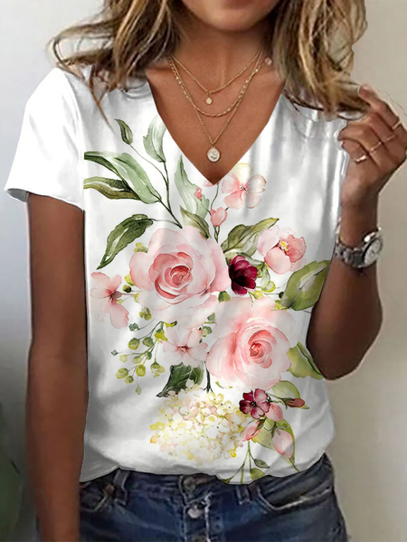 Women Floral Short Sleeve Tee T-shirt V Neck Printing Casual Summer Graphic Tee Top, White, T-Shirts