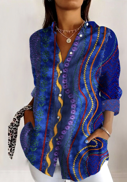 Shirt Collar Long Sleeve Floral Regular Micro-Elasticity Regular Fit Shirt For Women, Blue, Shirts