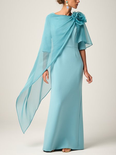 Elegant Plain 3D Floral Crew Neck Maxi Party Dress, Light blue, Maxi Dresses