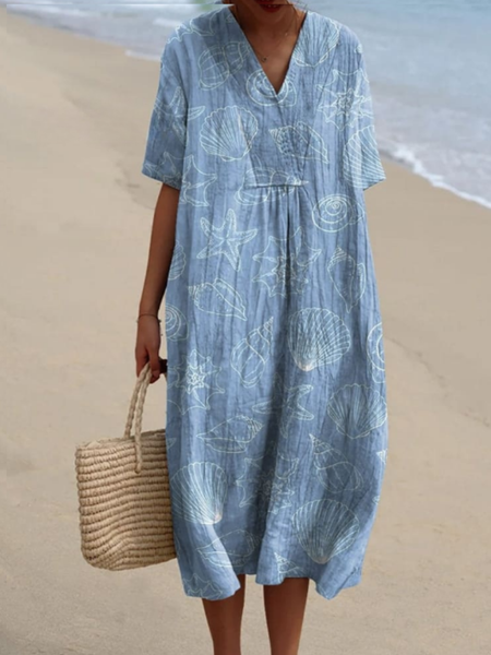 

Women Vacation Sundress Cute Shell Short Sleeve Comfy Casual Maxi Dress, Blue, Dresses
