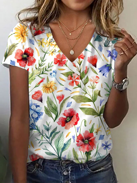 

Women Floral Short Sleeve Tee T-shirt V Neck Printing Casual Summer Graphic Tee Top, White, T-Shirts