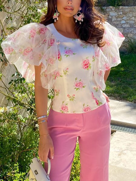 Vacation Floral Printing Crew Neck Puff Sleeve Blouse, Pink-white, Blouses and Shirts