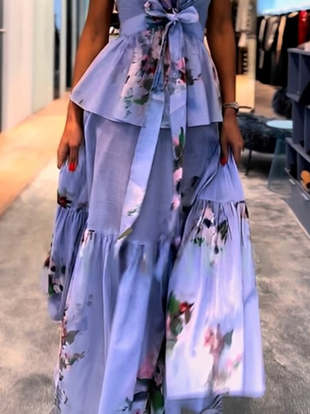 Elegant Printing Floral Loosen Maxi Skirt, Purple, Skirts