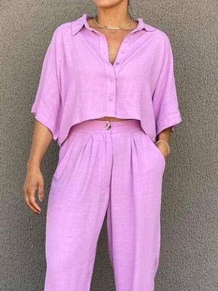 Cotton Casual Plain Shirt Collar Raglan Sleeve Shirt, Pink, Blouses and Shirts