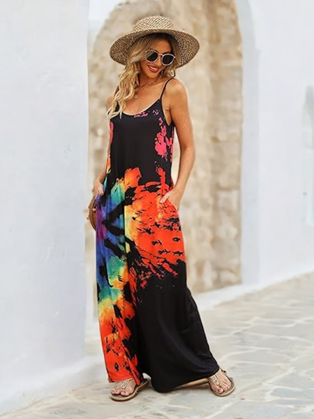 

Women Tie Dye Crew Neck Gallus Comfy Casual Maxi Dress, As picture, Dresses