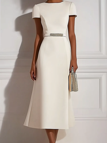 Elegant Plain Rhinestone Midi Dress With Belt, White, Midi Dresses