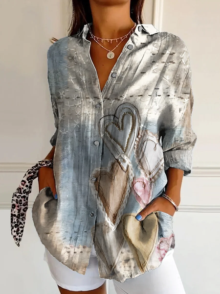

Women Heart/Cordate Long Sleeve Shirt Spring/Fall Buckle Shirt Collar Daily Casual Top, Gray, Shirts