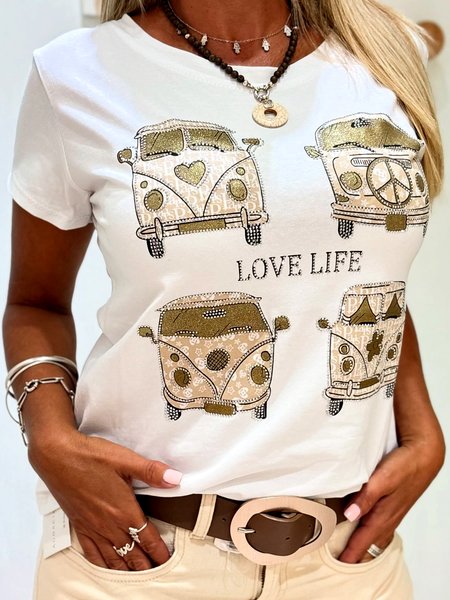 Casual Geometric Crew Neck Short Sleeve T-shirt, White, T-shirts