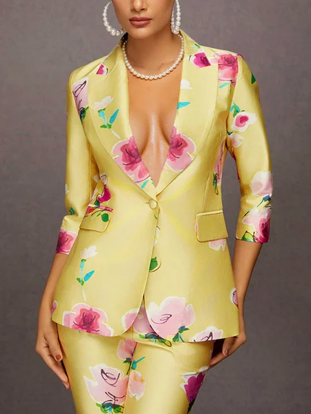 

Elegant Printed Floral Short-Sleeve Blazer, Yellow, Blazers