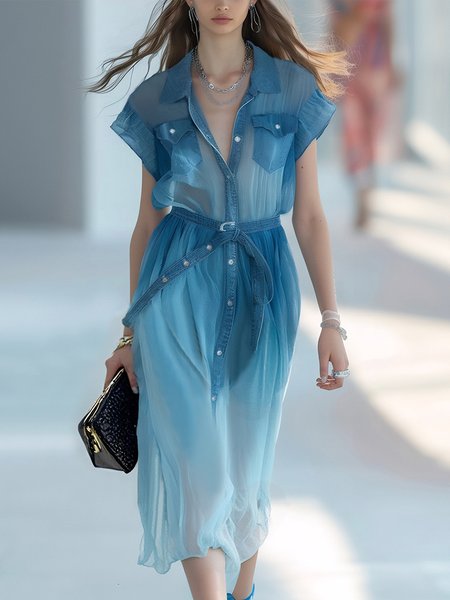 

Casual Faux Denim Print Graphic Printing Shirt Collar Midi Dress With Belt And Sundress, Blue, Midi Dresses