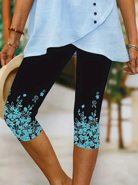Women Floral Capris Elastic Waist Pant Casual Summer Trousers, Black, Leggings
