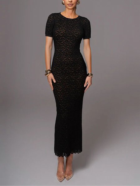 Elegant Plain Lace Crew Neck Maxi Dress, Black, Maxi Dresses