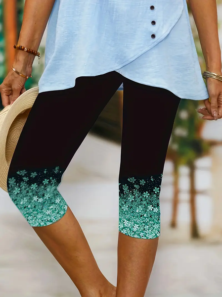 Women Floral Capris Elastic Waist Pant Casual Summer Trousers, Black, Leggings