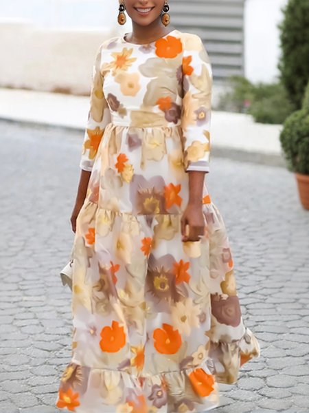 Elegant Floral Printing Crew Neck Maxi Dress, As picture, Maxi Dresses