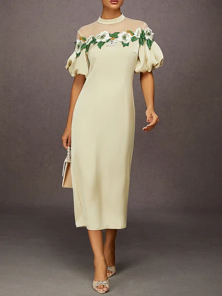 

Elegant Grace Bloom Balloon Sleeve Satin Midi Dress, As picture, Maxi Dresses