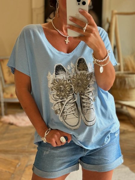 Casual Geometric V Neck Short Sleeve T-shirt, Light blue, T-shirts