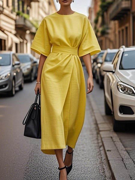 

Urban Plain Cotton And Linen Gathered Crew Neck Midi Dress, Yellow, Midi Dresses