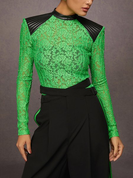 Lace Urban Color Block Split Joint Stand Collar Blouse, Green, Blouses and Shirts
