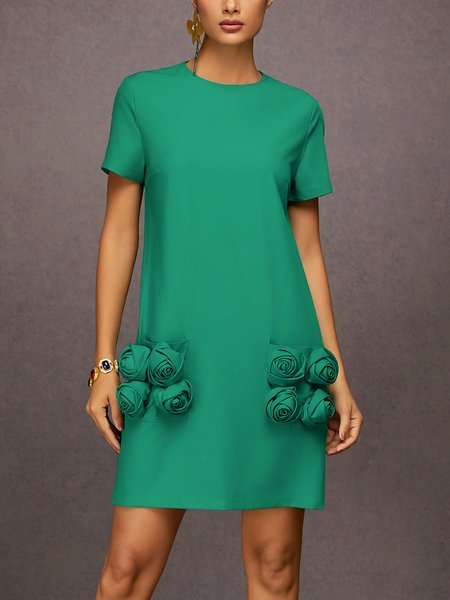 Elegant 3D Floral Crew Neck Mini Dress, Green, Mini Dresses
