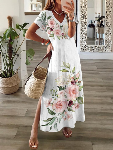 

Women Sundress Floral V Neck Short Sleeve Comfy Casual Printing Maxi Dress, White, Dresses