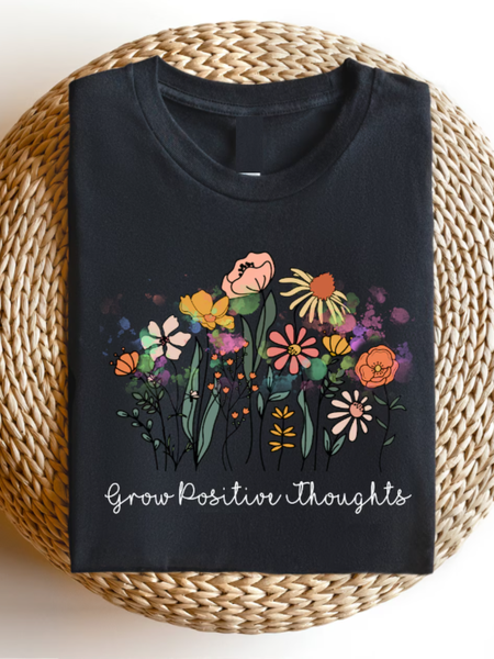 Casual Floral Art Print Comfy Crew Neck Short Sleeve T-shirt, Black, T-shirts