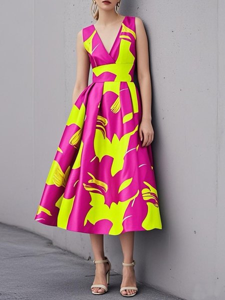 Elegant Abstract Printing V Neck Midi Party Dress, As picture, Midi Dresses
