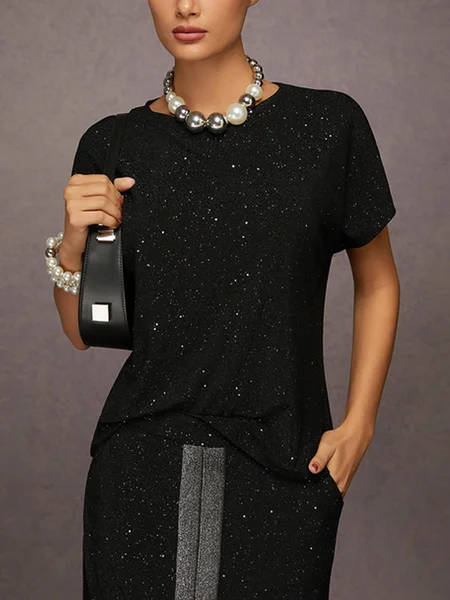 

Elegant Silver-Stamped Raglan Sleeve Blouse, Black, Blouses and Shirts