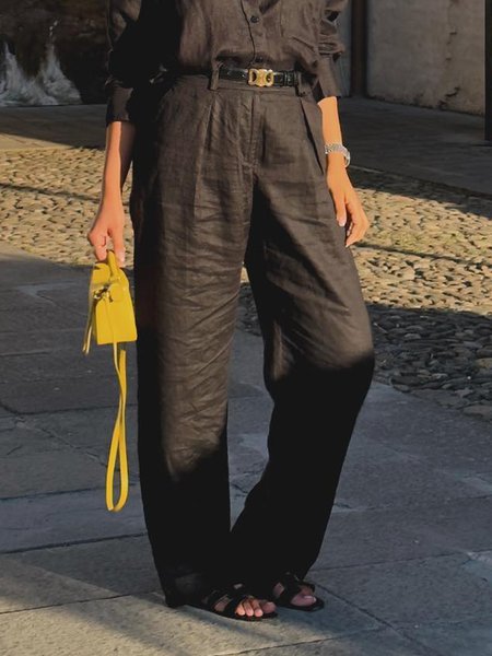 Casual Plain Cotton And Linen Straight Pants, Black, Pants