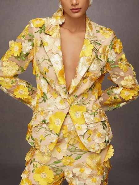 

Elegant Exquisite Embroidered Floral Lapel Blazer, Yellow, Blazers