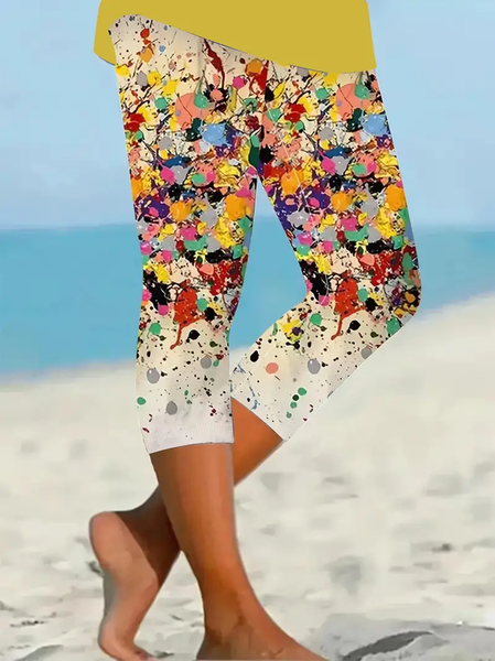 

Women Abstract Capris Elastic Waist Pant Casual Summer Trousers, As picture, Leggings