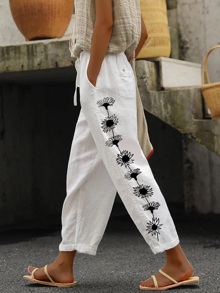 Women Floral Long Pant Casual Spring/Fall Trousers, White, Pants