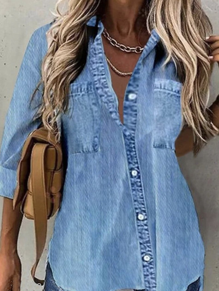 

Women Faux Denim Print Graphic Long Sleeve Shirt Spring/Fall Printing Shirt Collar Daily Casual Top, Blue, Shirts