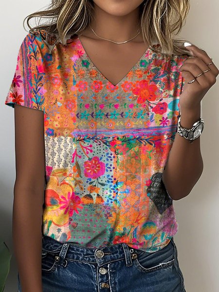 

Casual 3D Printing V Neck Short Sleeve T-shirt, As picture, T-shirts