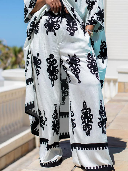 Casual Floral Pattern Printing Wide Leg Pants, Black-white, Pants