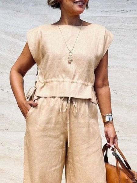 

Cotton And Linen Casual Plain Drawstring Crew Neck Blouse, Apricot, Blouses and Shirts
