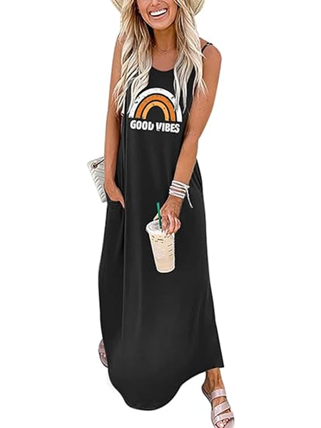

Women Geometric Crew Neck Gallus Comfy Casual Maxi Dress, Black, Dresses