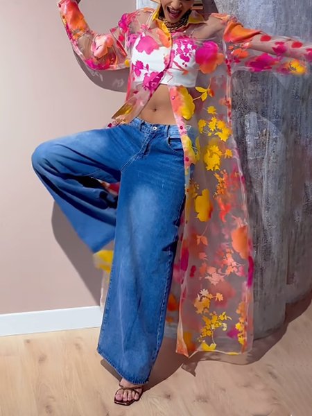 

Vacation Floral Printing Shirt Collar Loosen Shirt, As picture, Blouses and Shirts