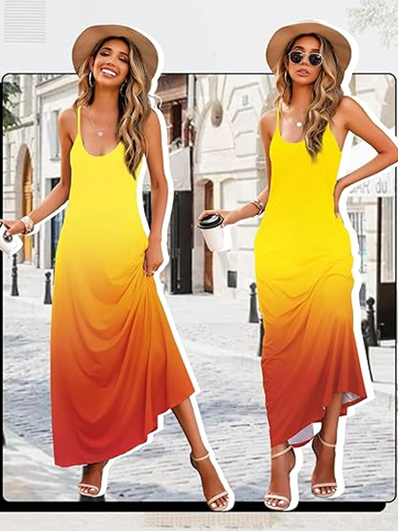 

Women Ombre Crew Neck Gallus Comfy Casual Maxi Dress, Yellow, Dresses