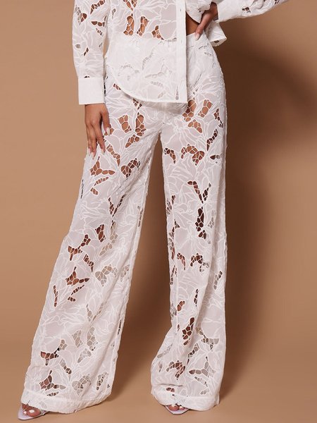 

Vacation Plain Eyelet Straight Fashion Pants, White, Pants