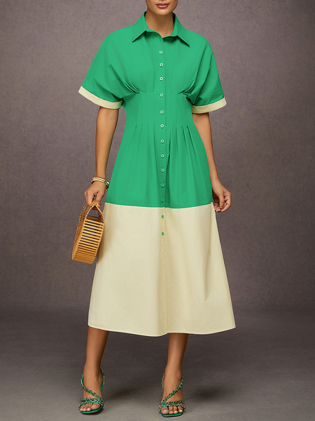 Urban Color-Blocked Waist-Cinching Shirt Dress, As picture, Midi Dresses