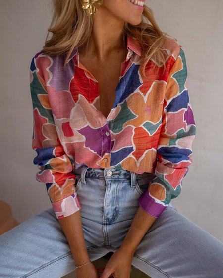 Shirt Collar Long Sleeve Geometric Regular Micro-Elasticity Regular Fit Shirt For Women, Orange, Shirts