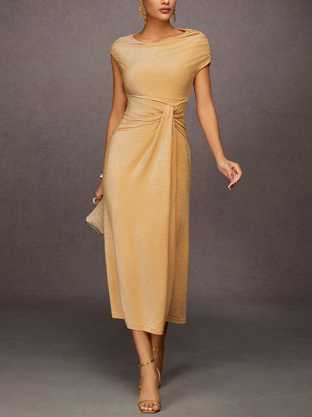 

Urban Sparkly Glitter Elastic Waist Midi Dress, Champagne, Midi Dresses