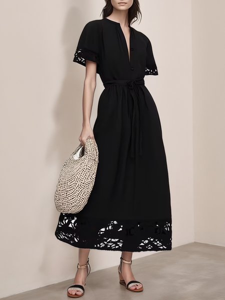 

Casual Plain Lace Notched Maxi Dress With Belt, Black, Maxi Dresses