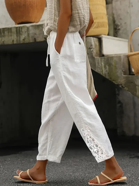 Women's Spring Floral Print Casual Pants, White, Pants
