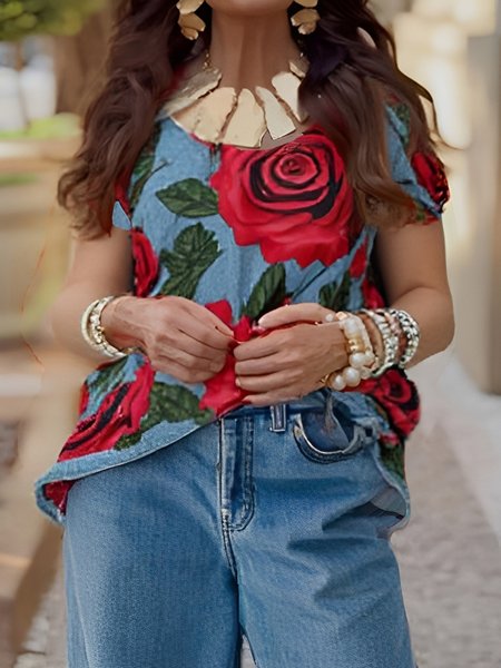 Denim Casual Floral Printing Crew Neck Top, Red, Blouses and Shirts