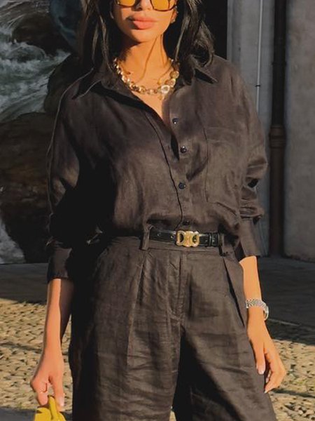 

Cotton And Linen Casual Plain Distressing Shirt Collar Loosen Shirt, Black, Blouses and Shirts