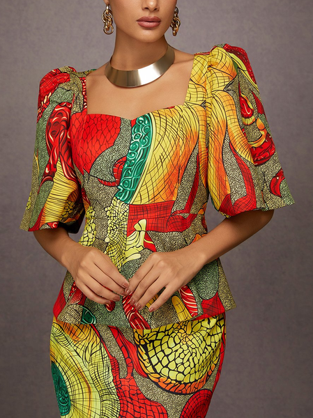 

Urban Abstract Square Neck Balloon Sleeve Blouse, As picture, Blouses and Shirts